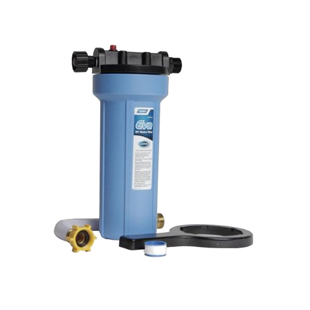 A Camco Evo Premium Water Filter with a hose attached to it.