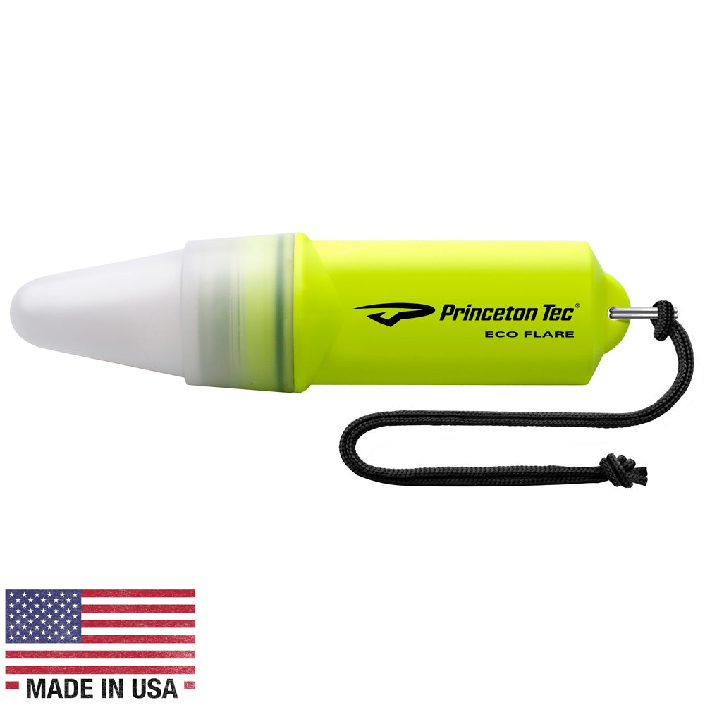 A Princeton Tec ECO FLARE - Neon Yellow flashlight with an american flag on it.