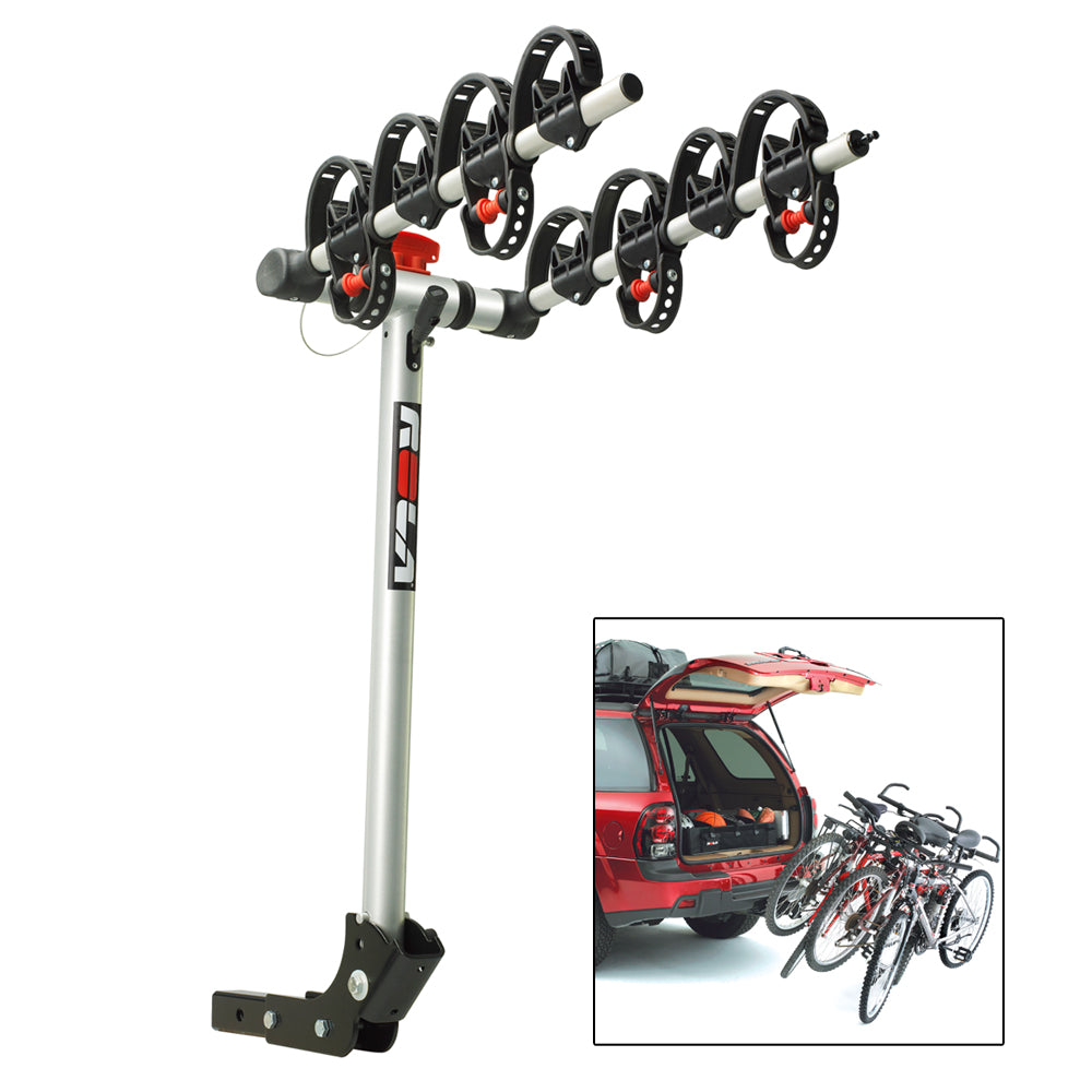 A ROLA Bike Carrier - TX w-Tilt & Security - Hitch Mount - 4-Bike rack with four bicycles attached to it.