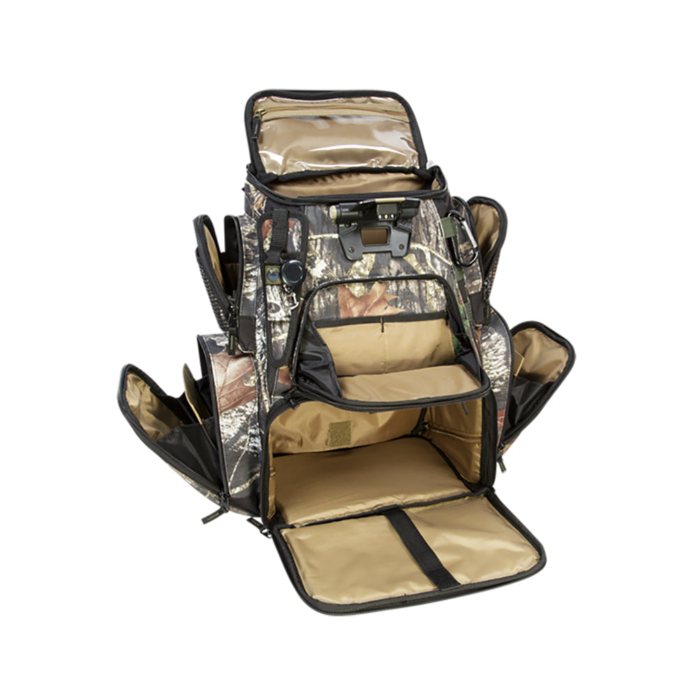 A Wild River NOMAD Mossy Oak Tackle Tek Lighted Backpack w-o Trays with two compartments.