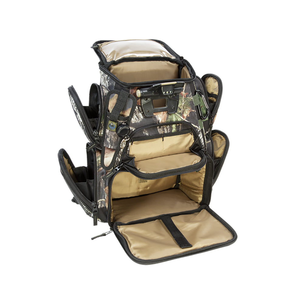 A Wild River RECON Mossy Oak Compact Lighted Backpack w-o Trays with two compartments.