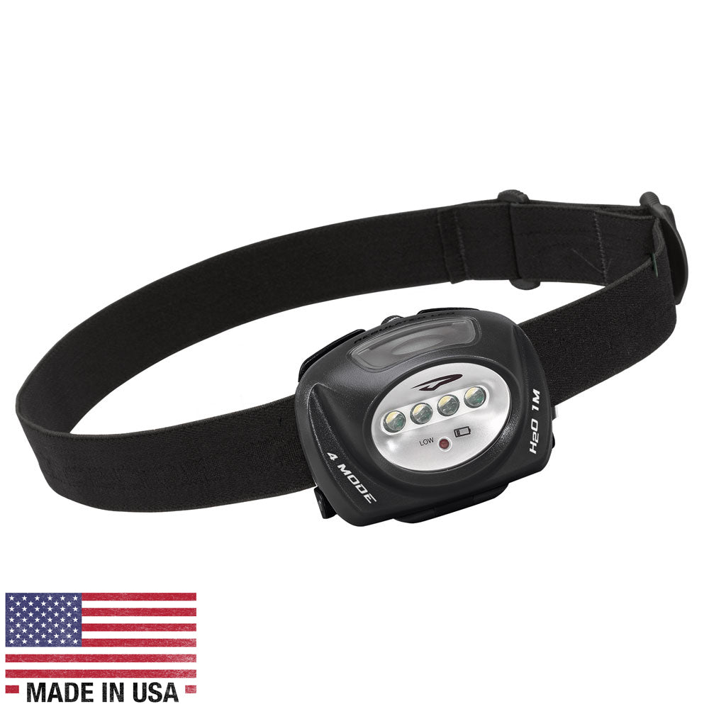 A Princeton Tec QUAD Industrial Headlamp - Black with an american flag on it.