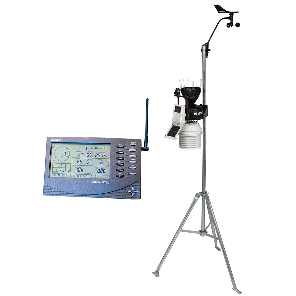 A Davis Instruments weather station with a clock and a radio.