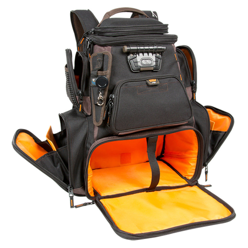 A Wild River black and orange backpack with a lot of compartments - Wild River Tackle Tek Nomad XP - Lighted Backpack w-USB Charging System w-o Trays.