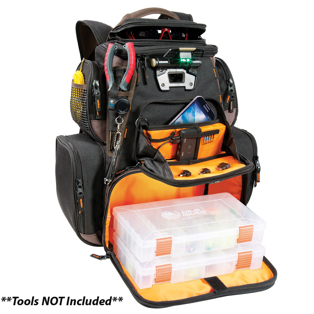 A Wild River Tackle Tek Nomad XP - Lighted Backpack w- USB Charging System w-2 PT3600 Trays with a lot of equipment in it.