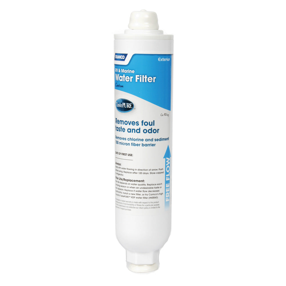 A Camco TastePURE RV & Marine Water Filter with a white background.