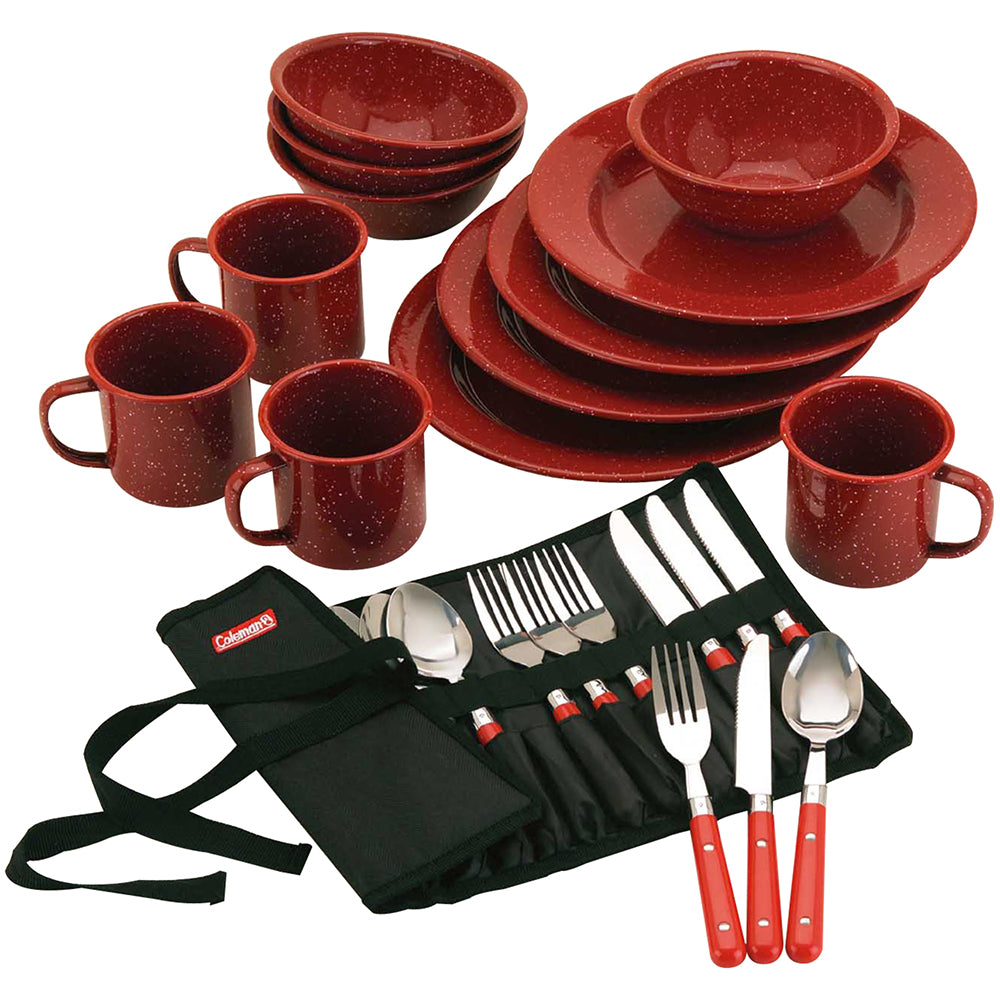 A Coleman 24-Piece Speckled Enamelware Cook Set - Red with utensils and utensils.