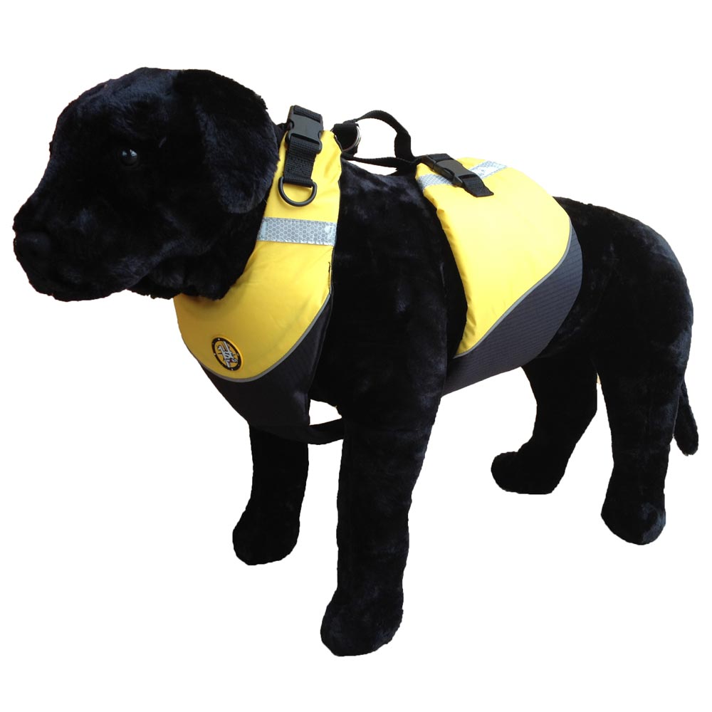 A black dog wearing a First Watch Flotation Dog Vest - Hi-Visibility Yellow - X-Large.