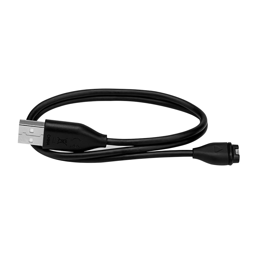 A black Garmin Charging-Data Clip Cable f-fenix® 5 & Forerunner® 935 connected to a white background.