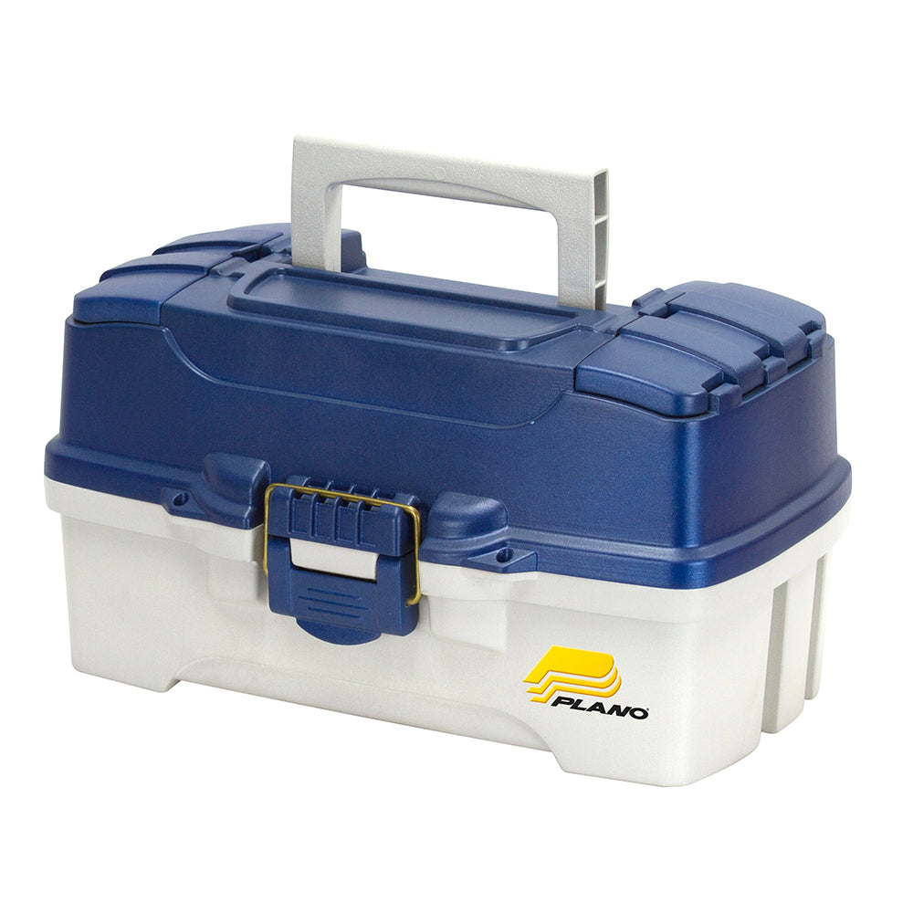 A Plano blue and white tool box with handles.