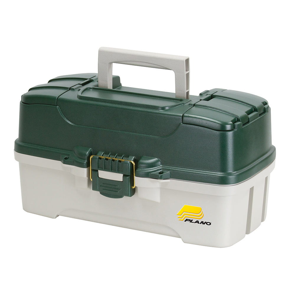 A Plano 3-Tray Tackle Box w-Duel Top Access - Dark Green Metallic-Off White on a white background.