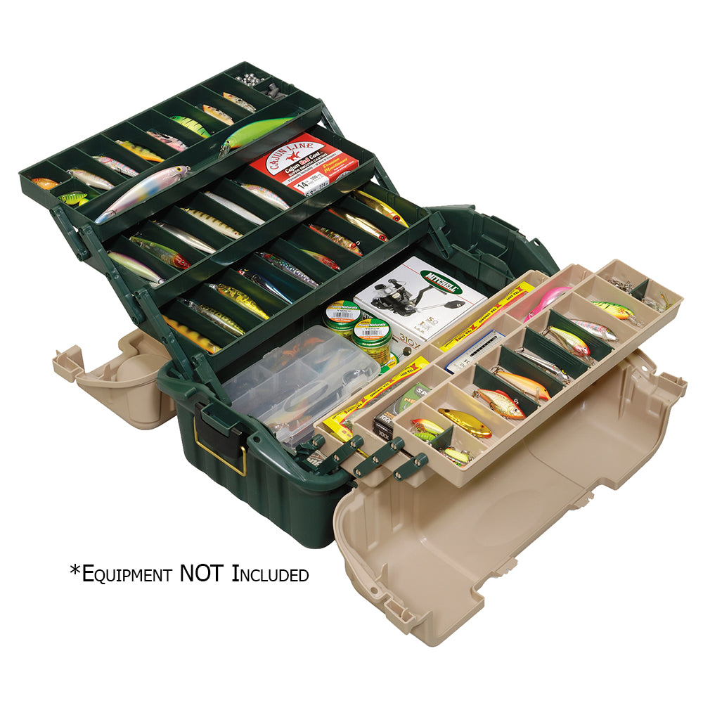 A Plano Hip Roof Tackle Box w-6-Trays - Green-Sandstone with a variety of lures in it.