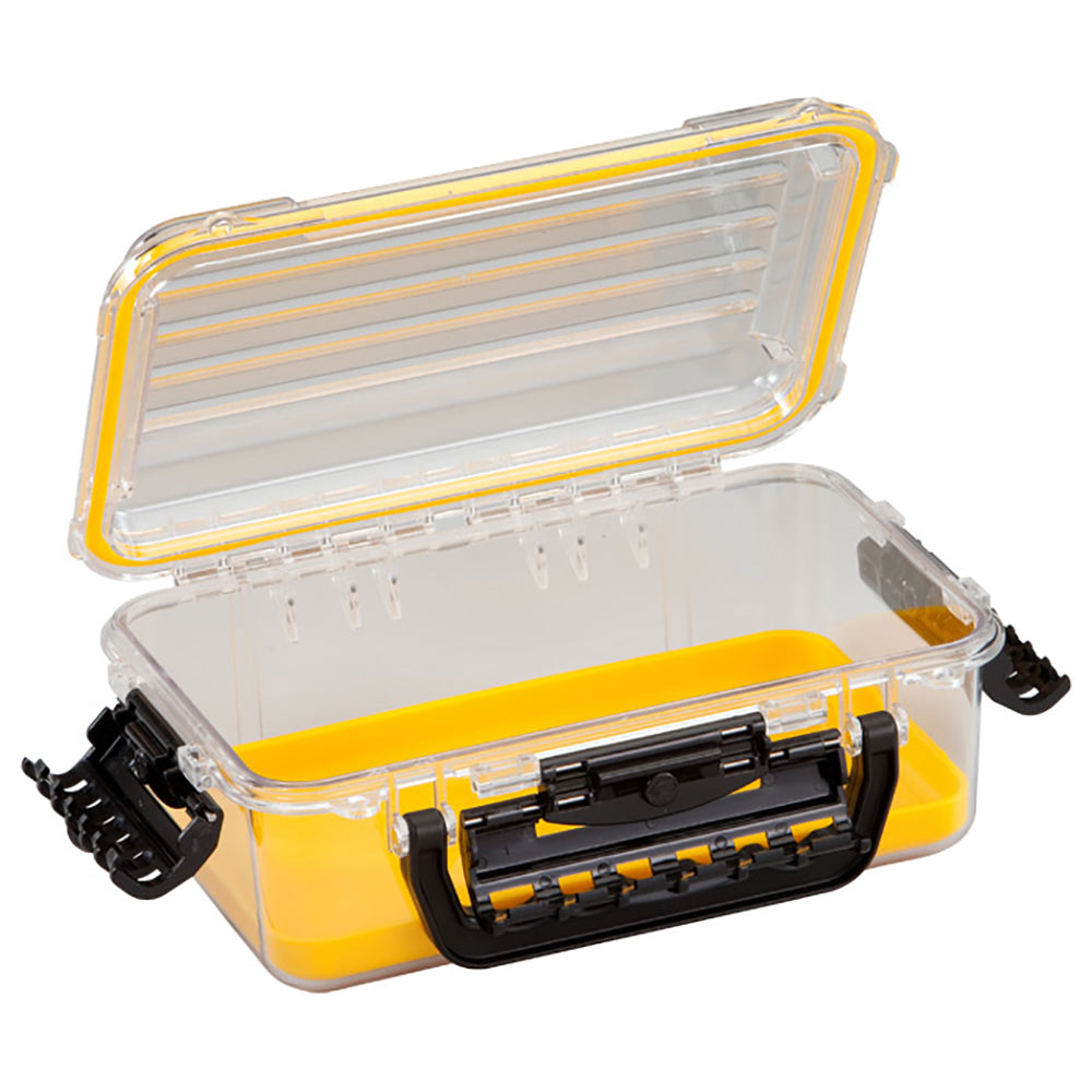 A Plano Waterproof Polycarbonate Storage Box - 3600 Size - Yellow-Clear with a lid.