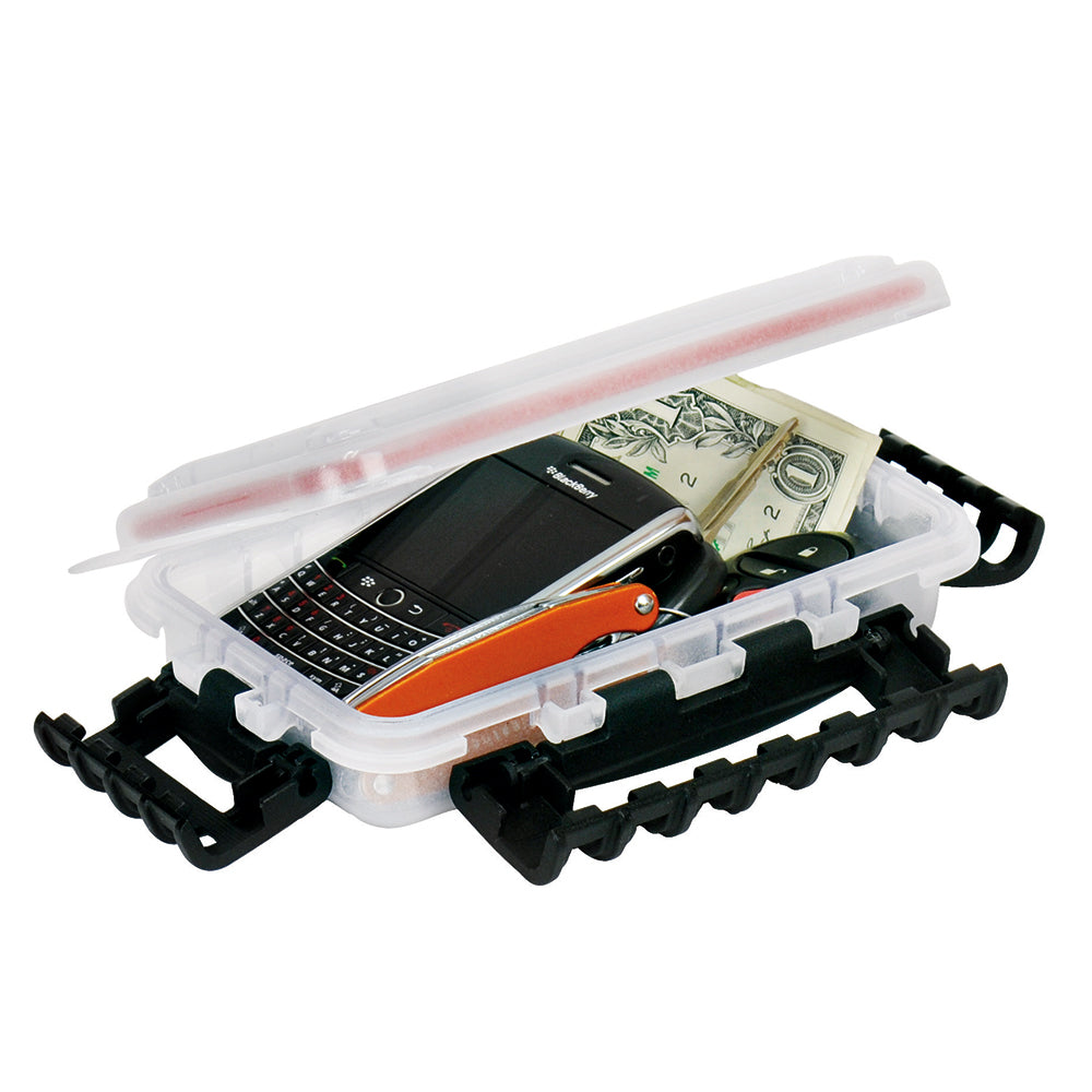 A Plano Waterproof StowAway Utility Box - 3449 Size case with a cell phone and money inside.