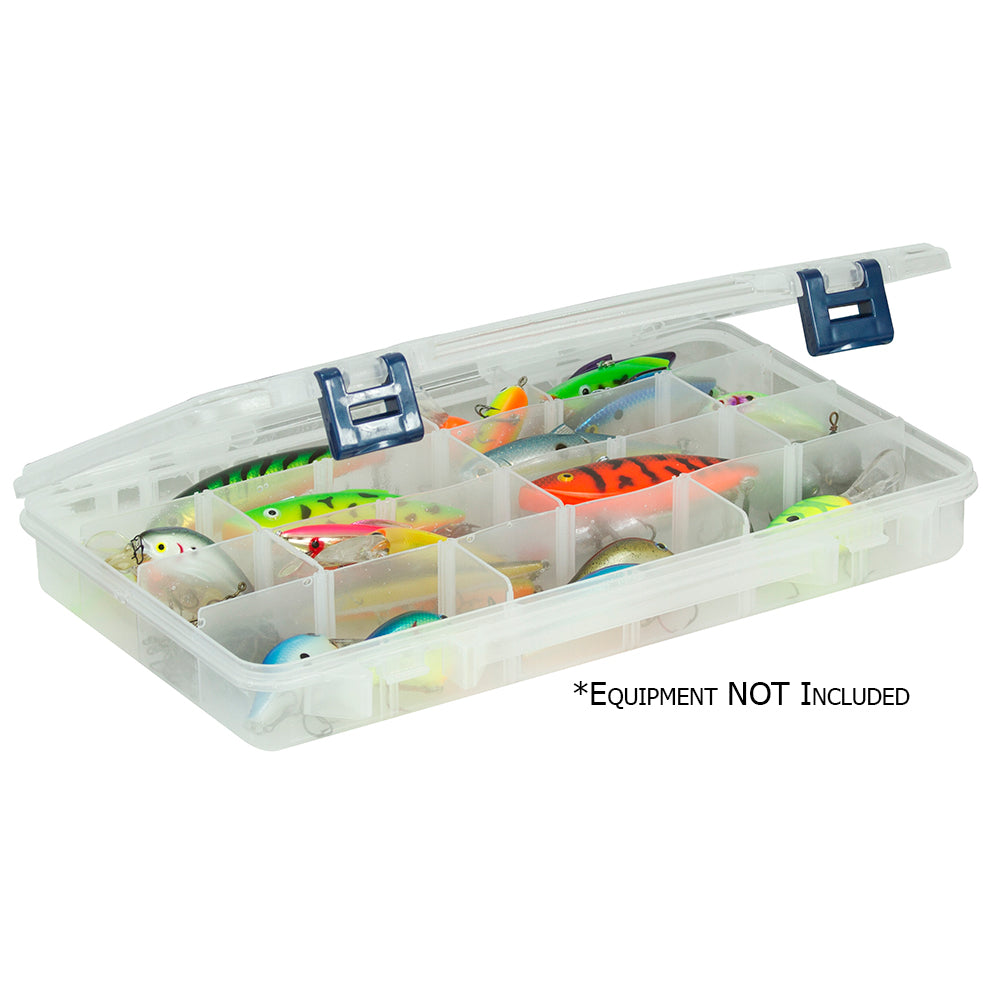 A Plano ProLatch Utility Box w-Adjustable Dividers - 3700 Size with a variety of lures in it.