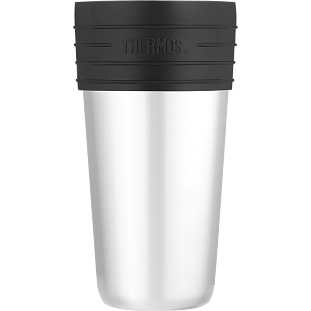 A Thermos Vacuum Insulated Stainless Steel Coffee Cup Insulator - 20oz with a black lid.