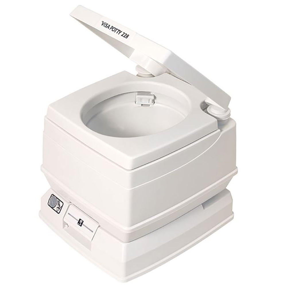 A Dock Edge Visa Potty Portable Toilet - 8L sitting on top of a white surface.