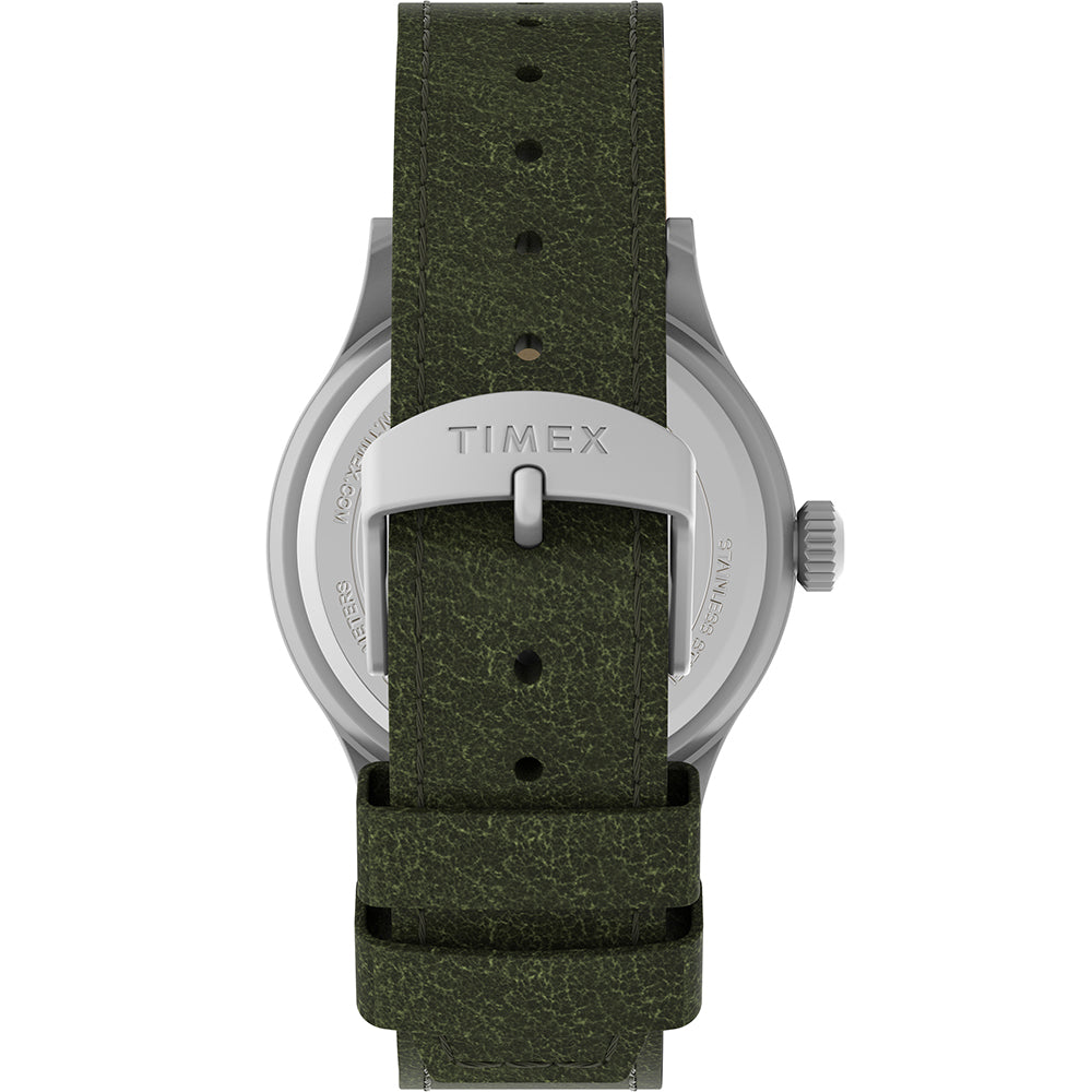 A Timex Expedition® Scout™ - Black Dial - Green Strap with green leather straps on a white background.
