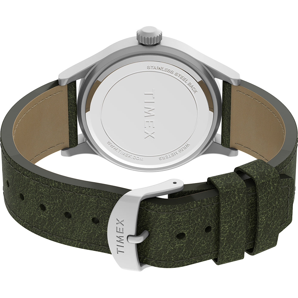 A Timex Expedition® Scout™ - Black Dial - Green Strap with green leather straps on a white background.