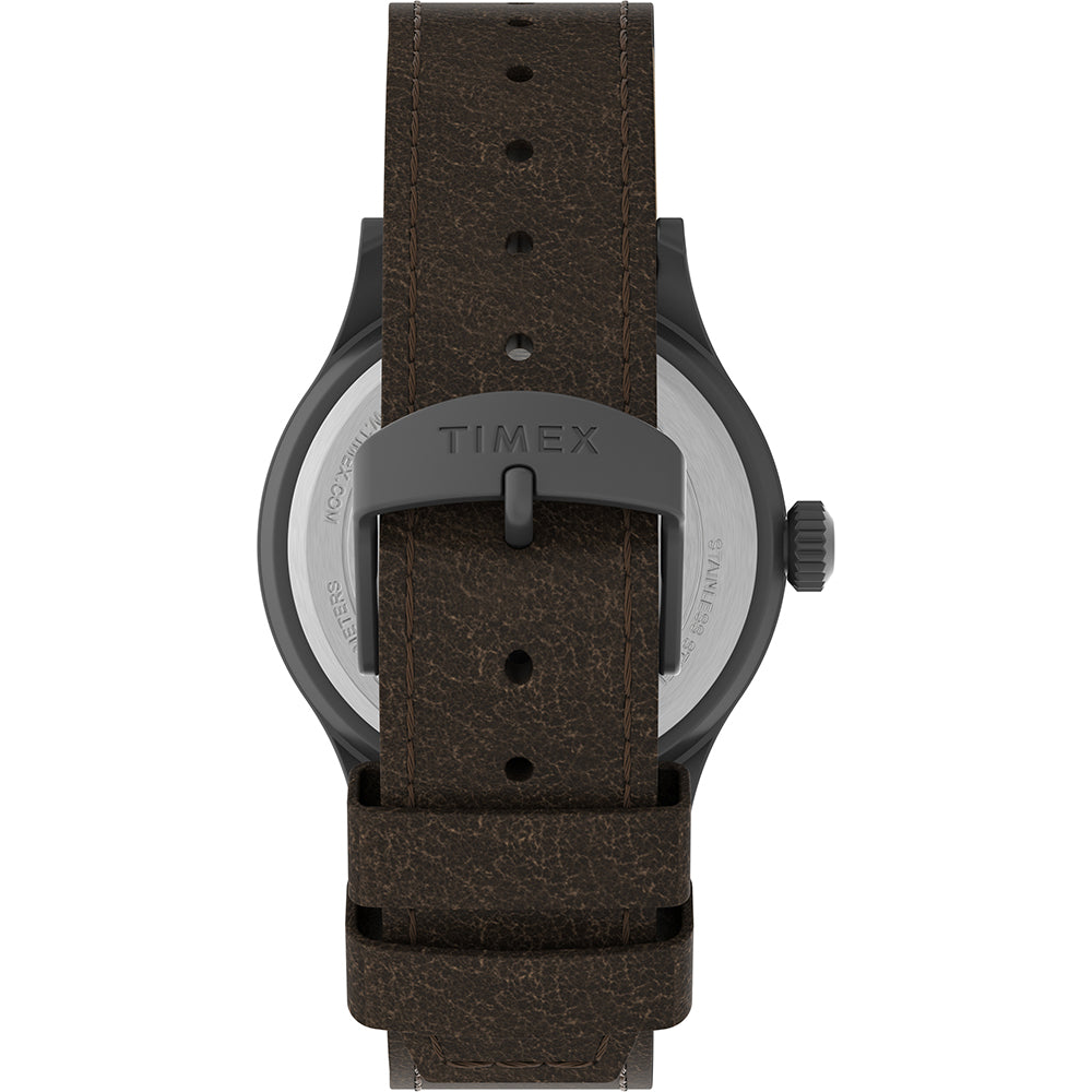 A Timex Expedition® Scout™ - Khaki Dial - Brown Leather Strap watch on a white background.