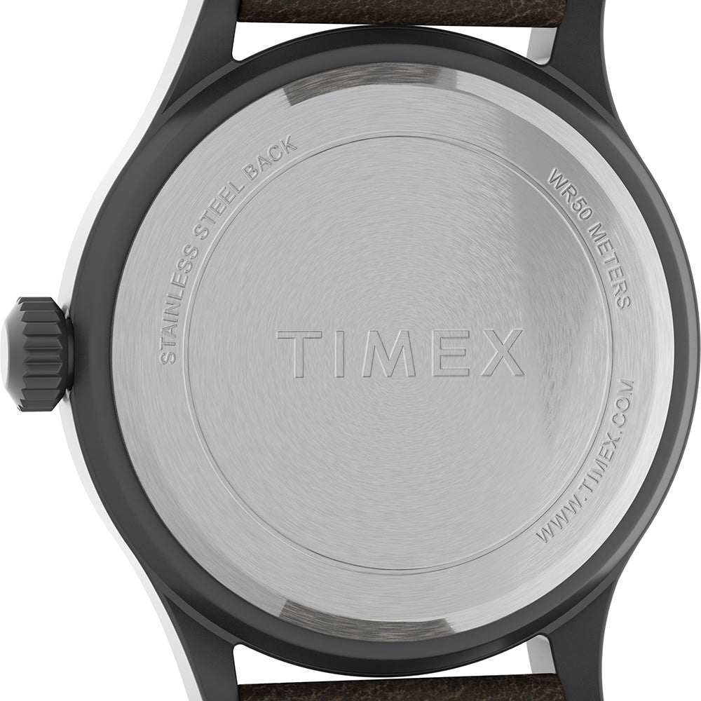 A Timex Expedition® Scout™ - Khaki Dial - Brown Leather Strap watch on a white background.