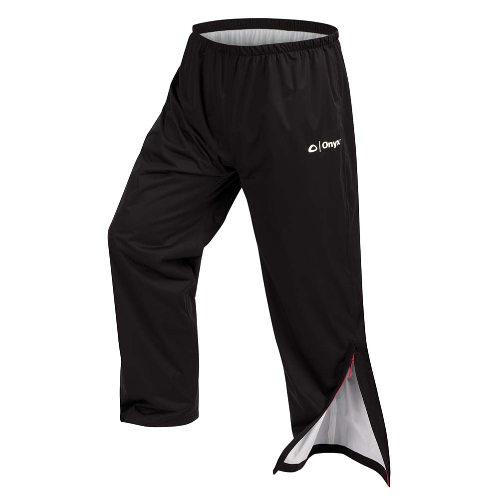 A pair of Onyx HydroMax Rain Pants - X-Large - Black with a white stripe down the side.