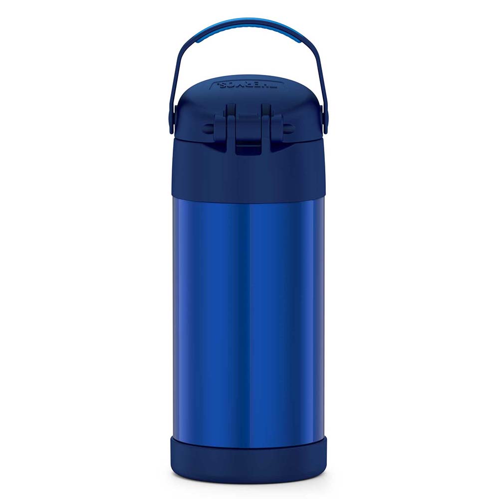 A Thermos FUNtainer® Stainless Steel Insulated Straw Bottle - 12oz - Navy on a white background.