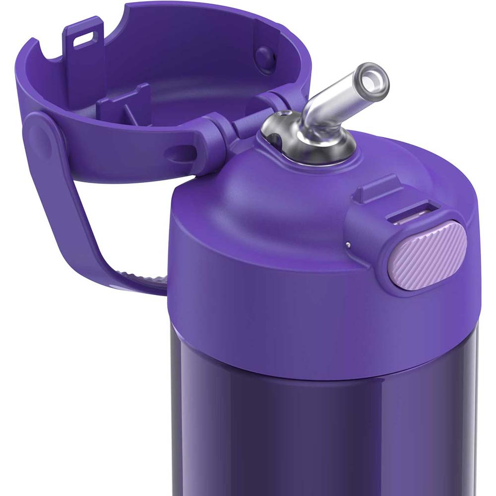 A Thermos FUNtainer® Stainless Steel Insulated Straw Bottle - 12oz - Purple on a white background.