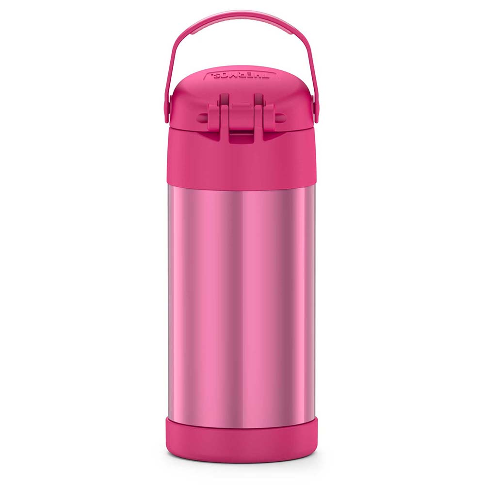A Thermos FUNtainer® Stainless Steel Insulated Straw Bottle - 12oz - Pink on a white background.