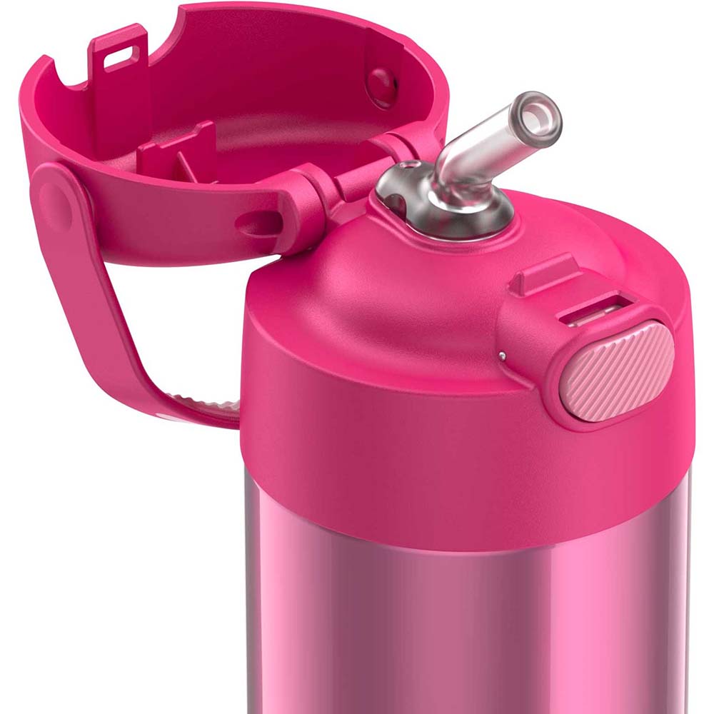 A Thermos FUNtainer® Stainless Steel Insulated Straw Bottle - 12oz - Pink on a white background.
