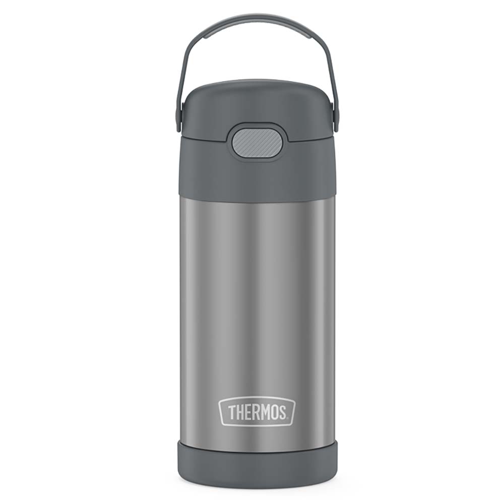 A Thermos FUNtainer® Stainless Steel Insulated Straw Bottle - 12oz - Grey with a lid and handle.