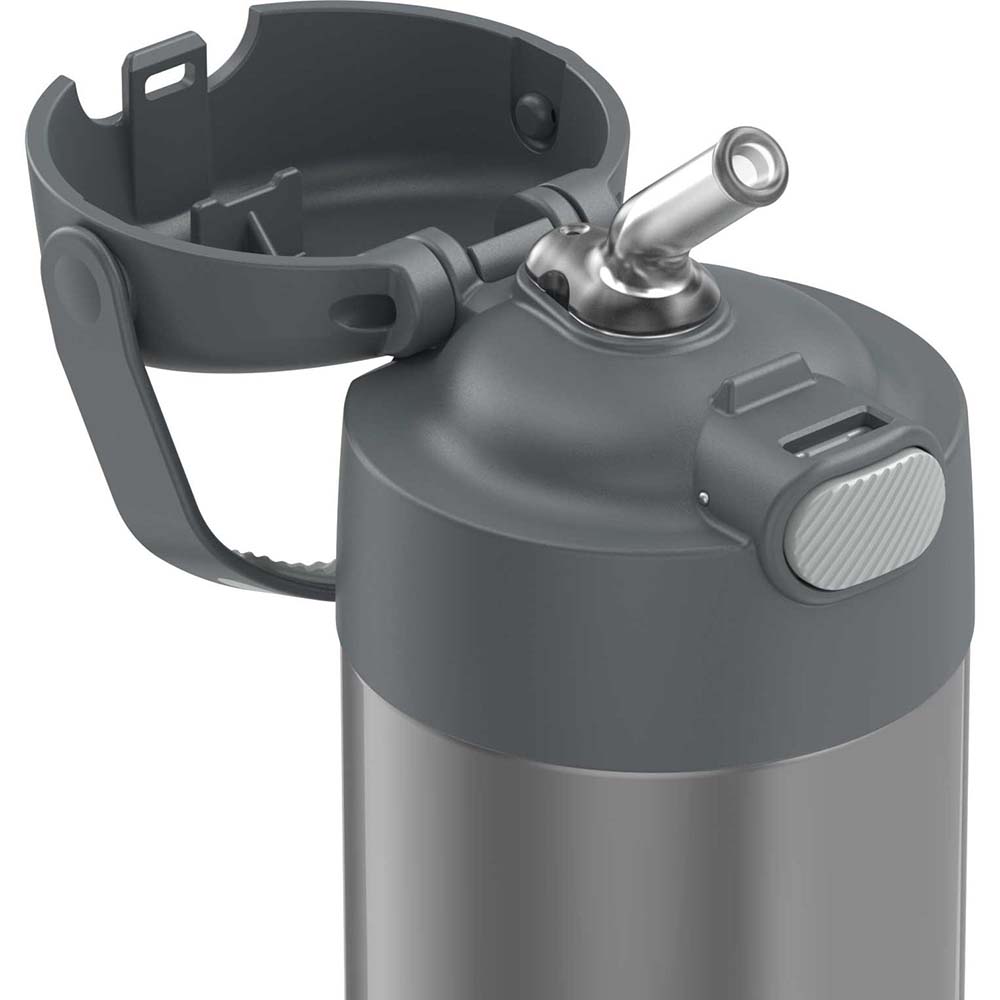 A Thermos FUNtainer® Stainless Steel Insulated Straw Bottle - 12oz - Grey with a lid and handle.