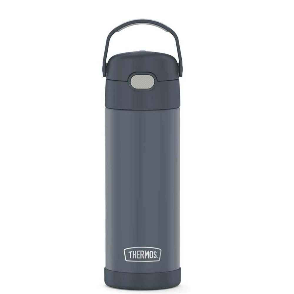 A Thermos FUNtainer® Stainless Steel Insulated Bottle w-Spout - 16oz - Stone Slate with a lid and handle.