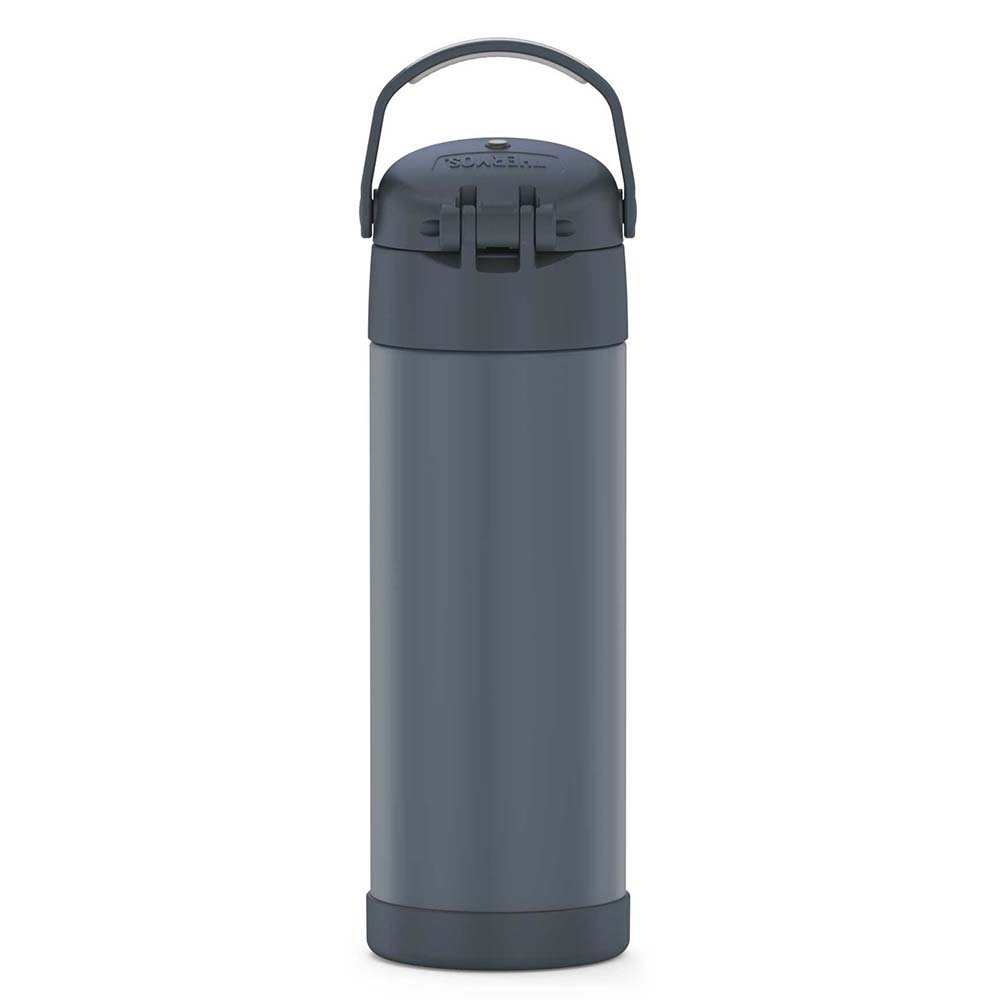 A Thermos FUNtainer® Stainless Steel Insulated Bottle w-Spout - 16oz - Stone Slate with a lid and handle.