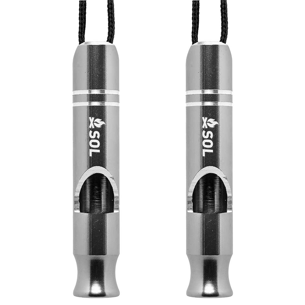 A pair of S.O.L. Survive Outdoors Longer Rescue Metal Whistle- 2 Pack fishing rods on a white background.
