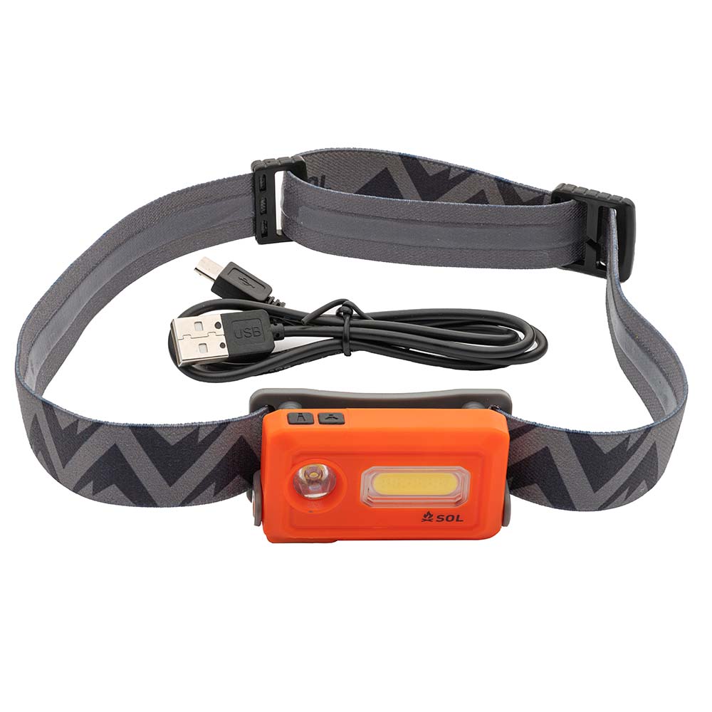 A S.O.L. Survive Outdoor Longer Venture Headlamp with a strap attached to it.