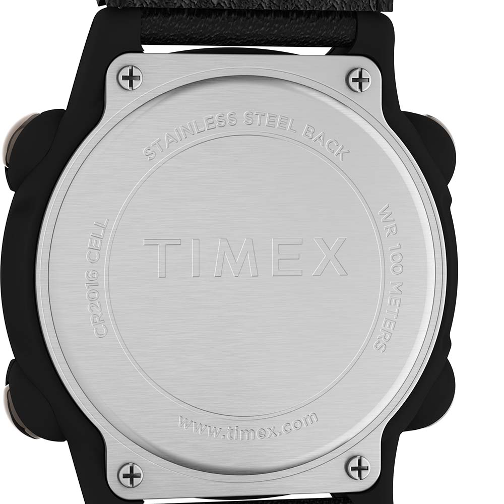 A black Timex Expedition Chrono 39mm Watch with a black leather strap on a white background.
