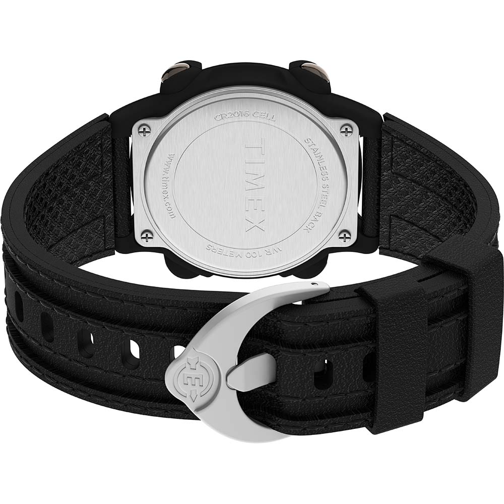 A black Timex Expedition Chrono 39mm Watch with a black leather strap on a white background.