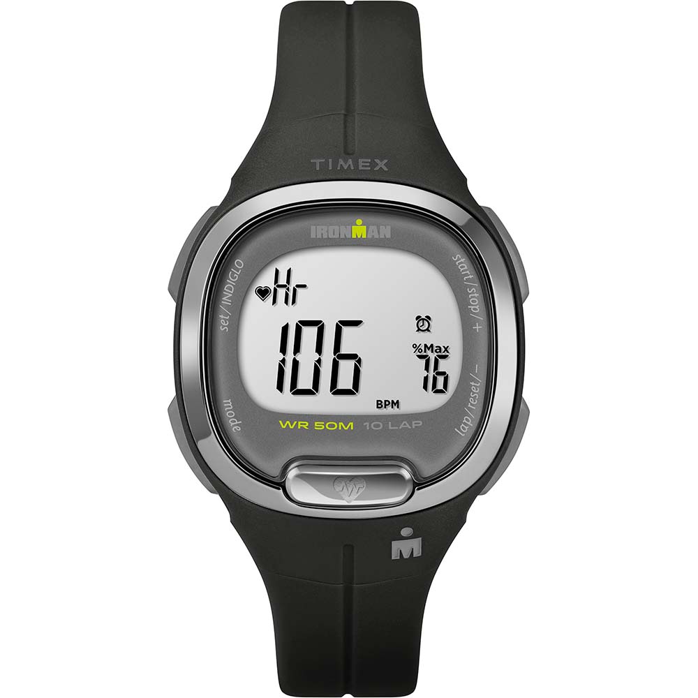 A Timex IRONMAN® Transit+ 33mm Resin Strap Activity & Heart Rate Watch - Black-Silver Tone on a white background.
