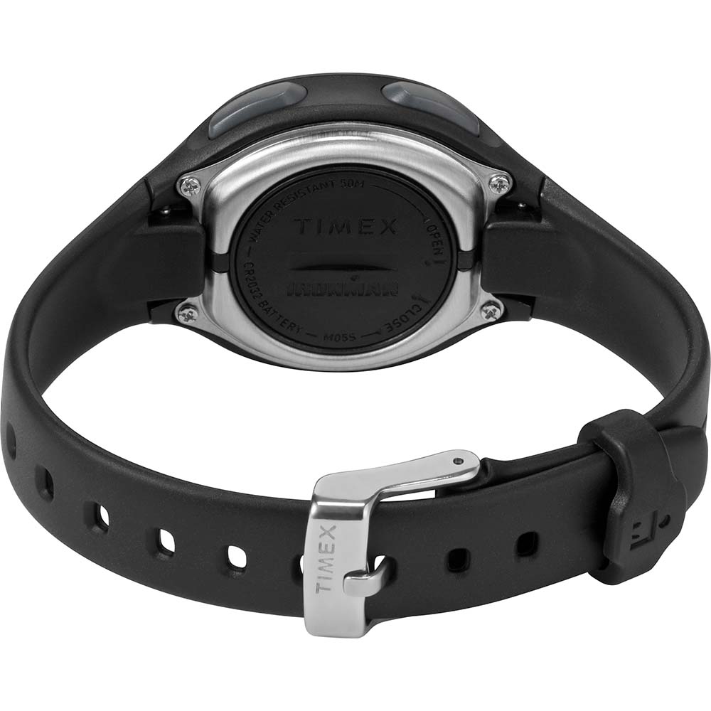 A Timex IRONMAN® Transit+ 33mm Resin Strap Activity & Heart Rate Watch - Black-Silver Tone on a white background.