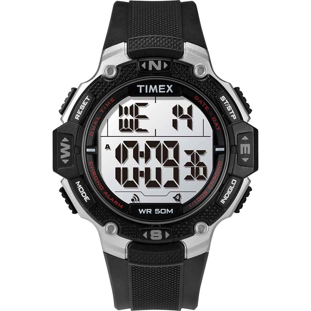 A Timex DGTL 42mm Watch - Black Resin Strap with a digital display on a white background.