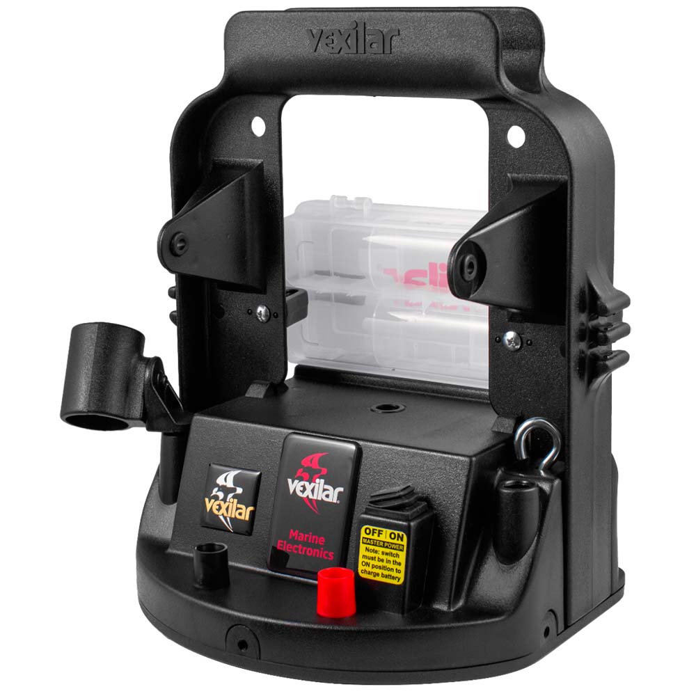 A black Vexilar Ultra Pack Carrying Case Only w-Decal with a red light on it.