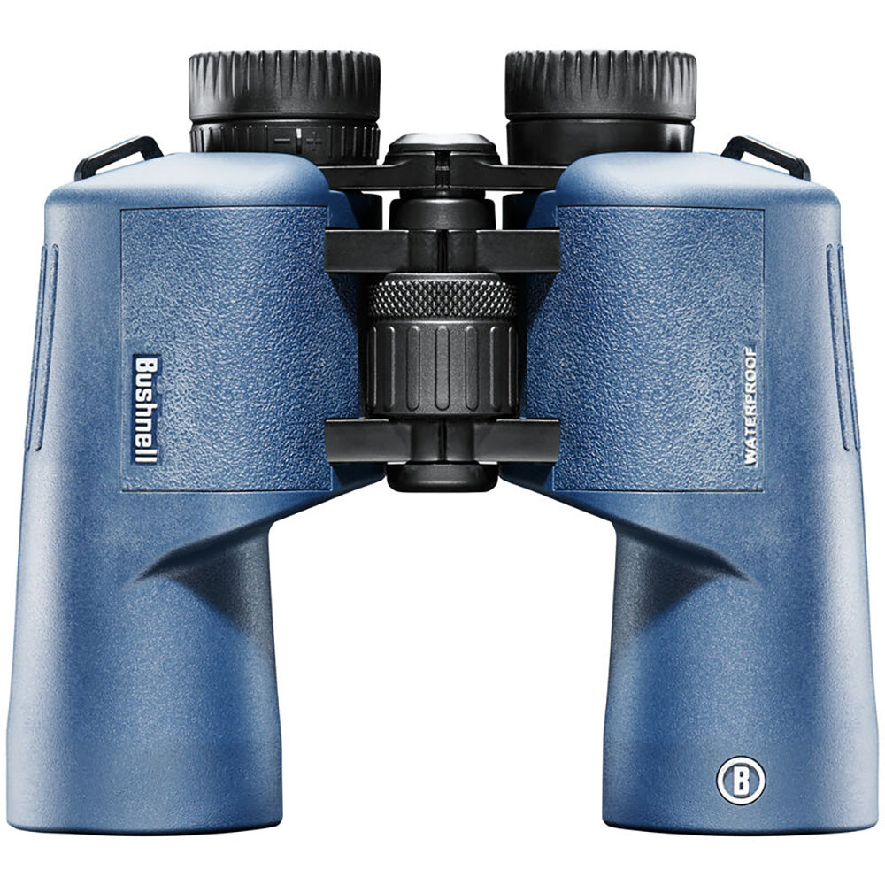 A pair of Bushnell 7x50mm H2O Binocular - Dark Blue Porro WP-FP Twist Up Eyecups on a white background.