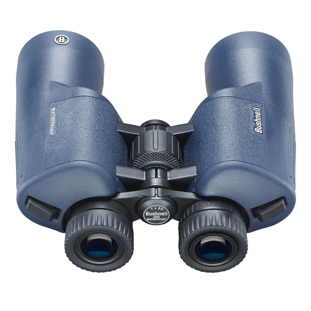 A pair of Bushnell 7x50mm H2O Binocular - Dark Blue Porro WP-FP Twist Up Eyecups on a white background.