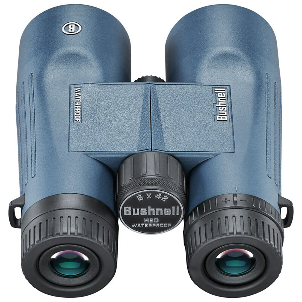 A pair of Bushnell 8x42mm H2O Binocular - Dark Blue Roof WP-FP Twist Up Eyecups on a white background.