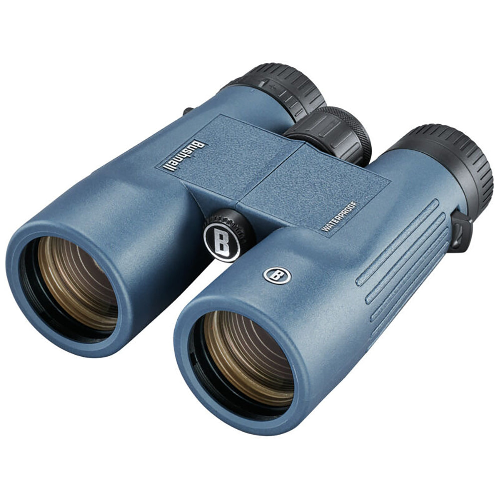A pair of Bushnell 8x42mm H2O Binocular - Dark Blue Roof WP-FP Twist Up Eyecups on a white background.