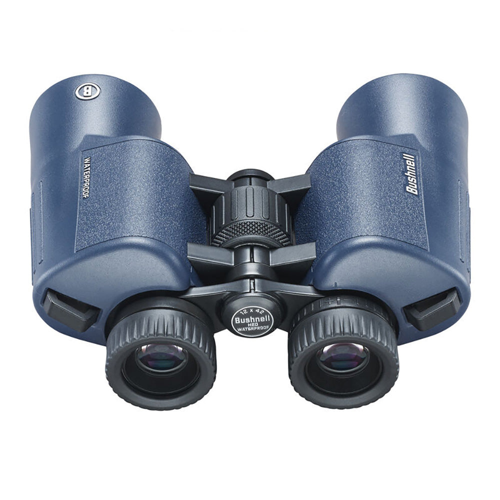 A Bushnell 8x42mm H2O Binocular - Dark Blue Porro WP-FP Twist Up Eyecups on a white background.