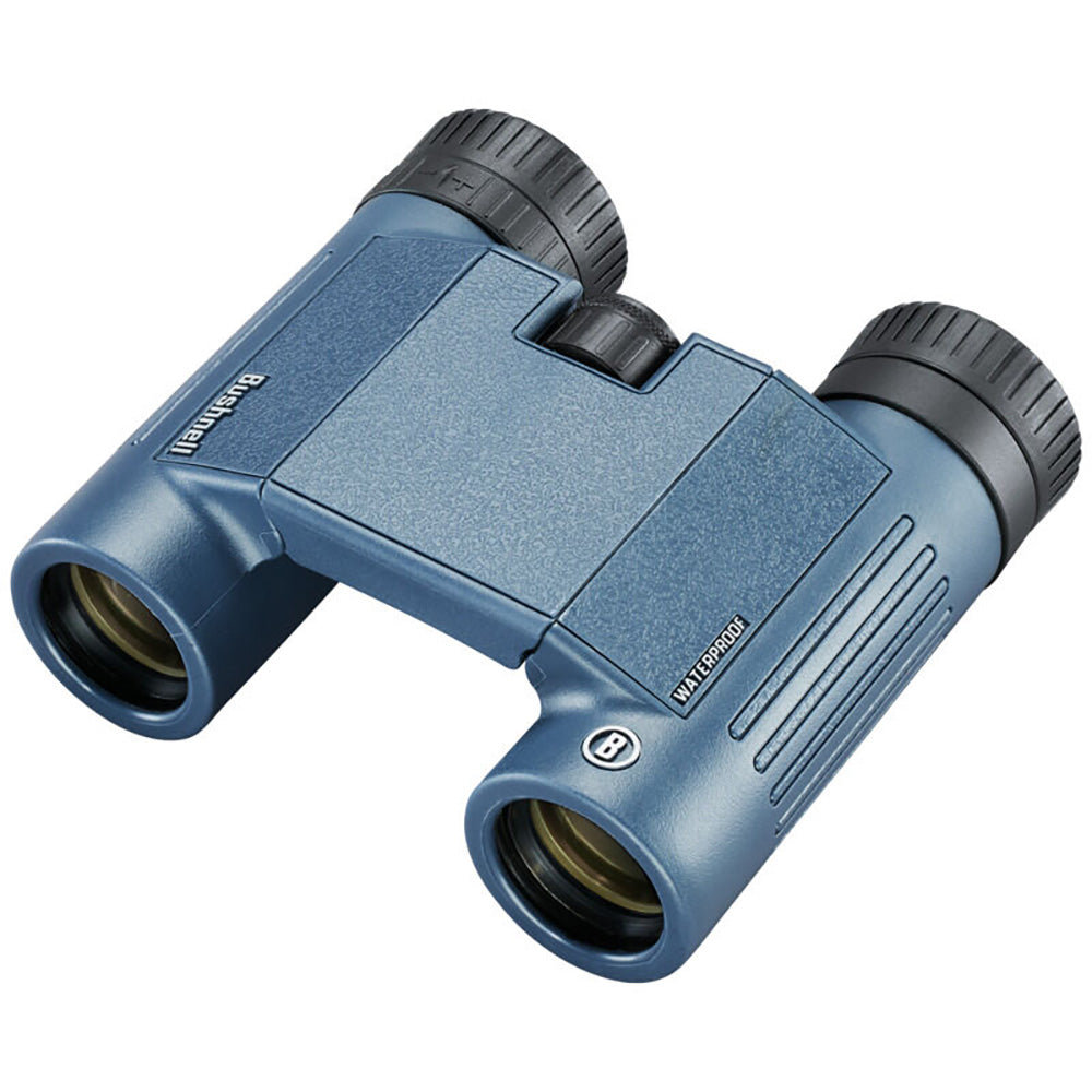 A pair of Bushnell 8x25mm H2O Binocular - Dark Blue Roof WP-FP Twist Up Eyecups on a white background.