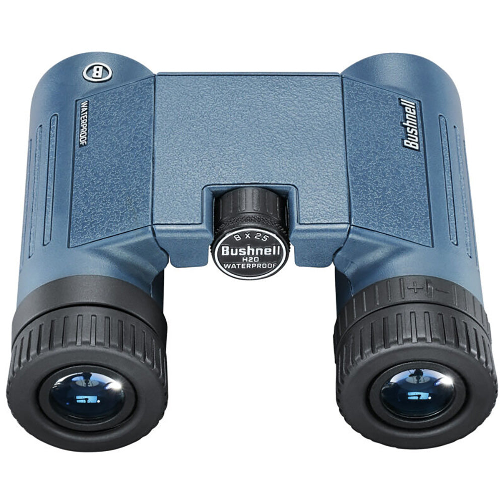 A pair of Bushnell 8x25mm H2O Binocular - Dark Blue Roof WP-FP Twist Up Eyecups on a white background.