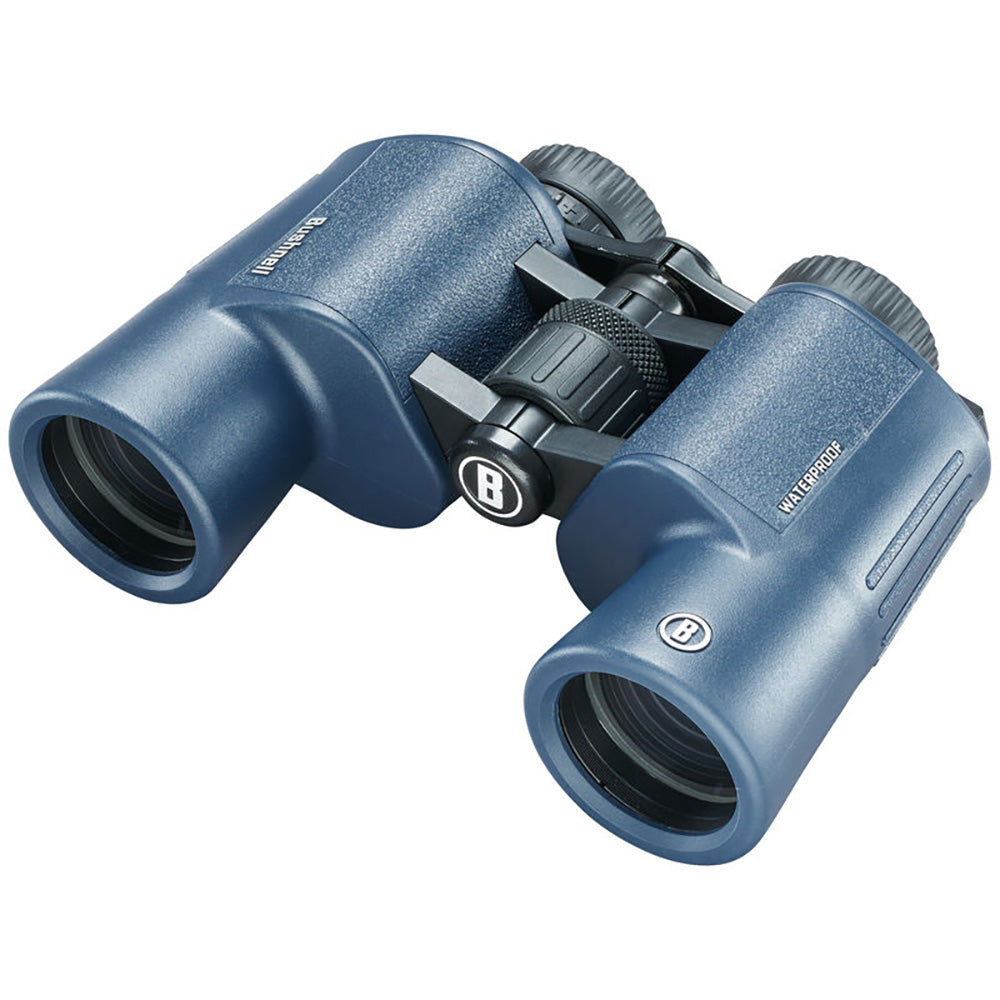 A pair of Bushnell 12x42mm H2O Binocular - Dark Blue Porro WP-FP Twist Up Eyecups on a white background.